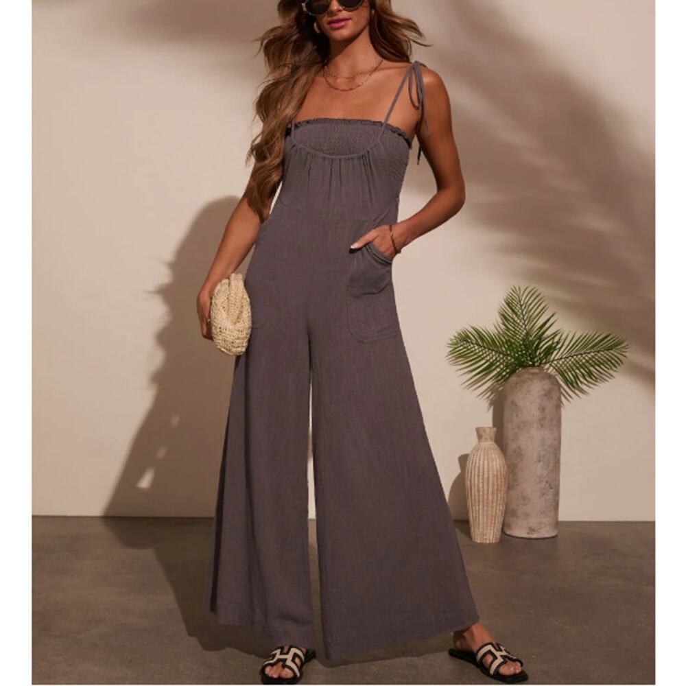 Promesa Women's Charcoal Paradise Pause Smocked Bust Jumpsuit Size S